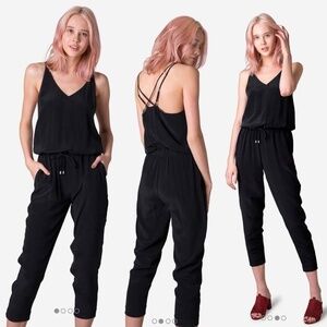 Grana Chinese Silk Black Cinched Waist Camisole Jumpsuit with Pockets (XXS)
